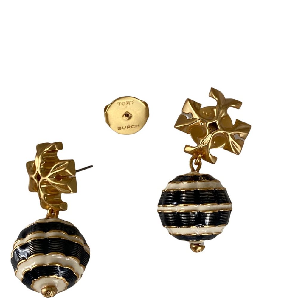 Auth NEW Tory Burch Navy New Roxanne Small Drop Stripe Earrings w/Card/Bag $168 - Picture 2 of 7